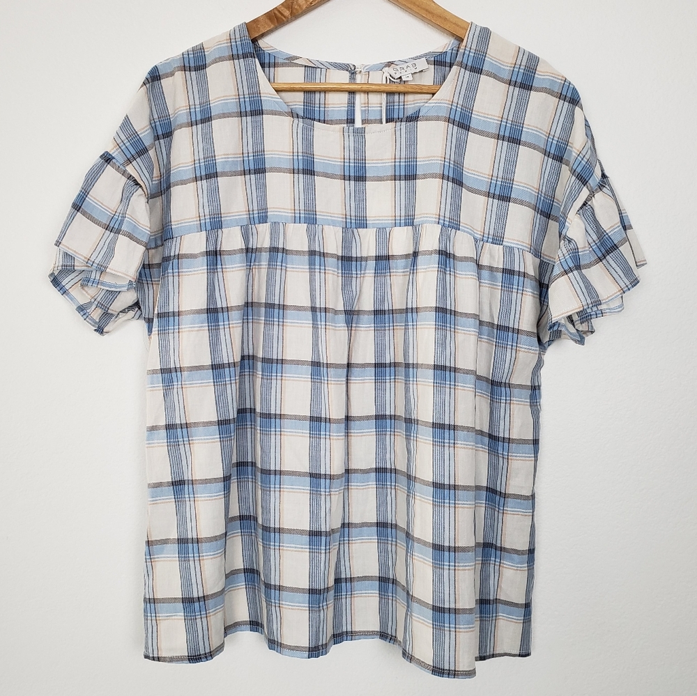 Peasent Top Boho Cottagecore Cotton Plaid Short Ruffle Sleeve Size 12 (AU 16)